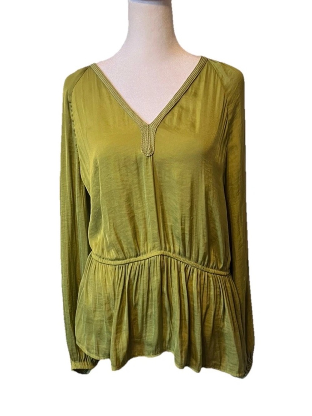 Calligraphie Anthropologie Green Satin Babydoll Long Sleeve Blouse Top